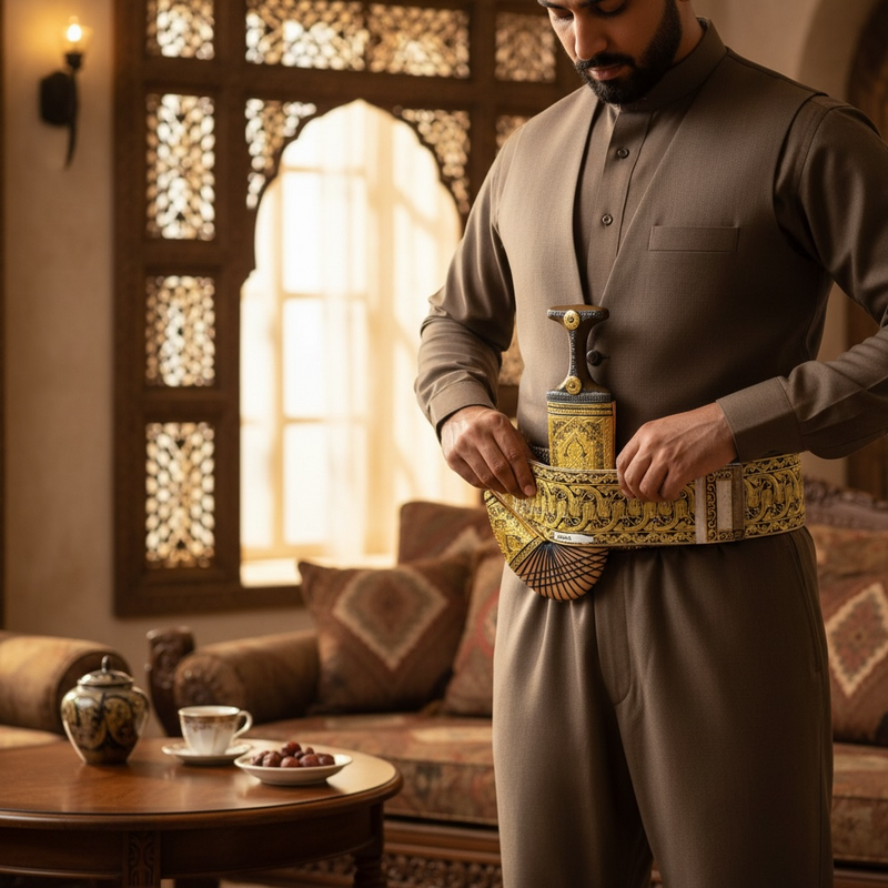 Golden Yemeni Janbiyah   AM5044- جنبية ذهبيه مع جلد