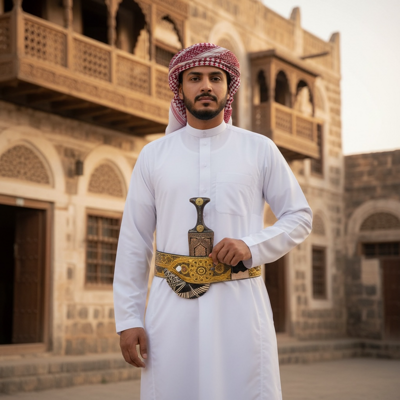 Golden Yemeni Janbiyah   AM5051- جنبية ذهبيه مع جلد