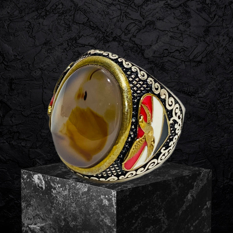 Yemeni Aqeeq Ring- Genuine Silver- Size: 9 -